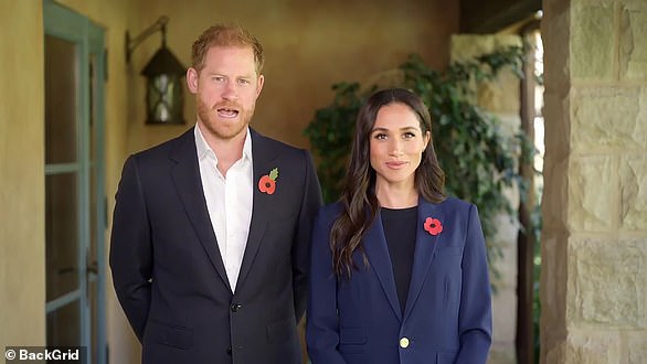 Harry, 40, and Meghan, 43, both wore dark blazers with poppy pins fastened on their lapels, in a video message about online violence against children - a cause that is deeply important to them.