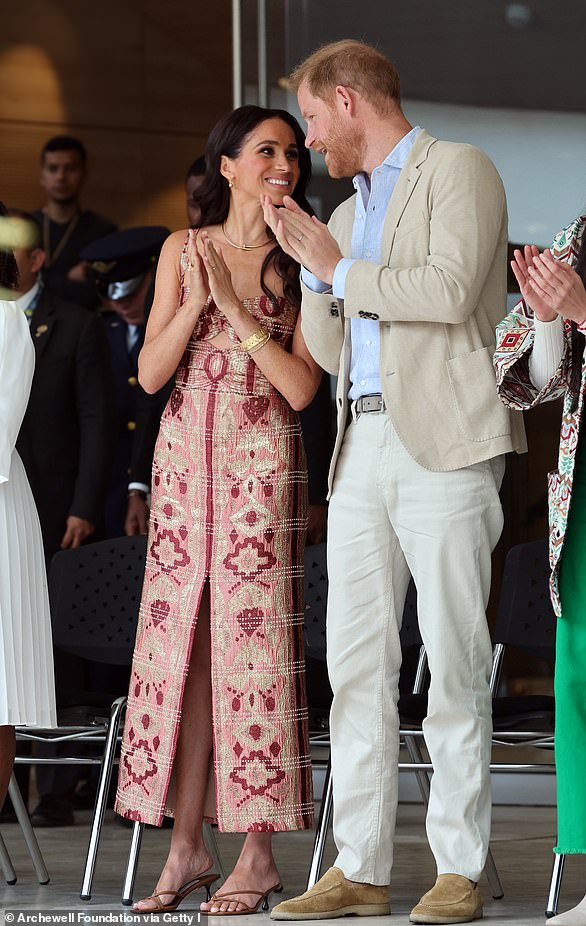 Meghan changed into a colourful printed jumpsuit for her second look of her Colombia Tour