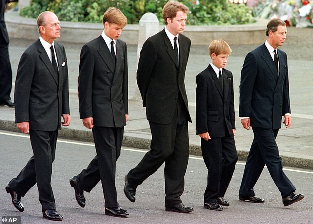 Charles Spencer walks beside Princes William and Harry at their mother's funeral in 1997