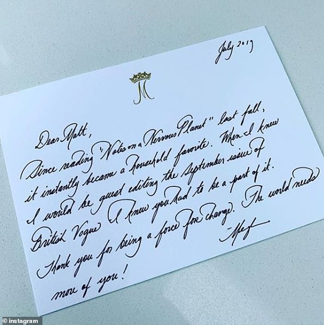 Fans got a glimpse of Meghan's penmanship in 2019, when Author Matt Haig shared a thank you note he received from her after she featured his poem in her guest-edited Vogue issue