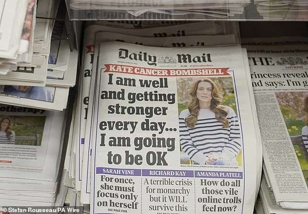 The front page of the Daily Mail at a shop in London, reporting on Kate's diagnosis