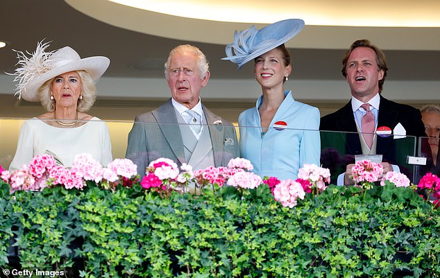 Queen Camilla, King Charles III, Lady Gabriella Windsor and Thomas Kingston watch the racing from the Royal Box at Royal Ascot in 2023