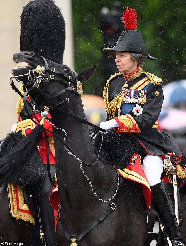 Princess Anne, Princess Royal, on horseback during Trooping the Colour on June 15, 2024