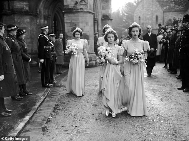 Princess Elizabeth, Princess Alexandra and Princess Margaret at the wedding of Captain Lord Brabourne and Patricia Mountbatten in 1946