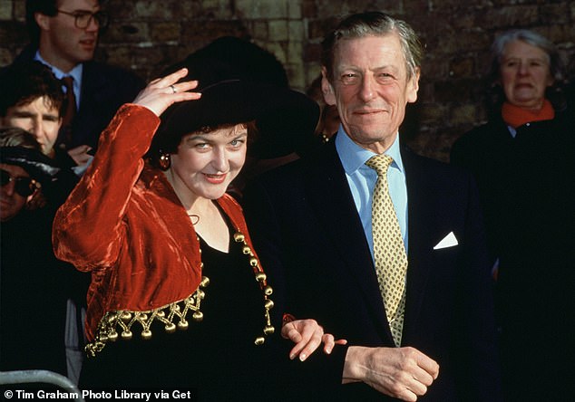 At her wedding ceremony, the heavily pregnant Marina wore a black wedding dress instead of white, and a red velvet bolero with gold trim and black hat. Pictured with her father Angus Ogilvy