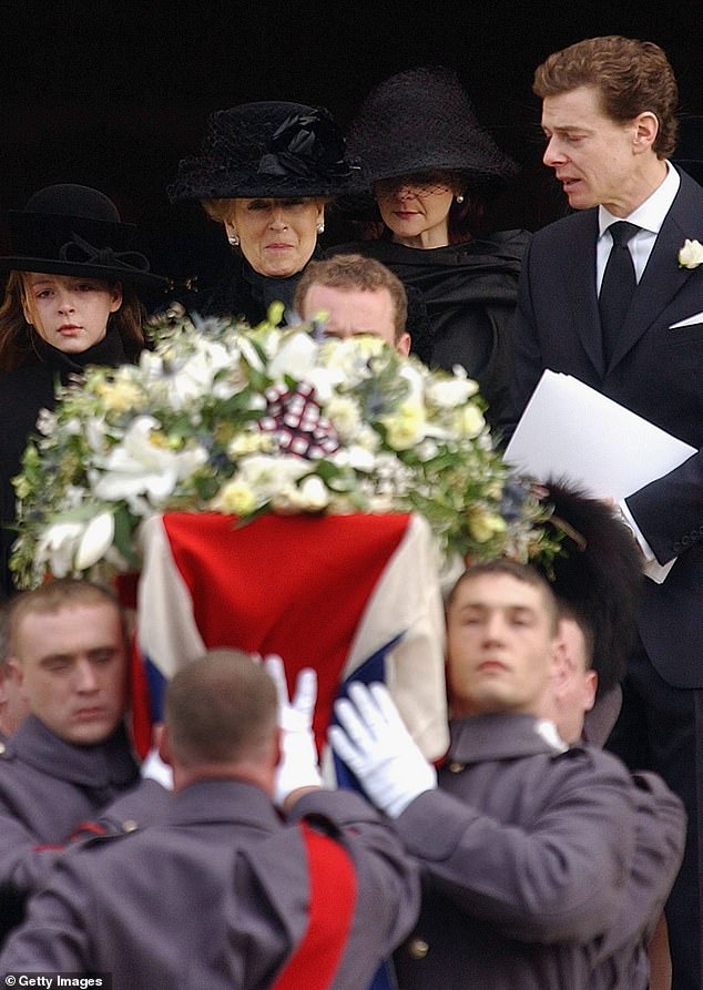 Princess Alexandra follows the coffin of her husband Sir Angus Ogilvy with their daughter Marina, third from the left at the back, son James and granddaughter Zenouska Mowatt on January 5, 2005