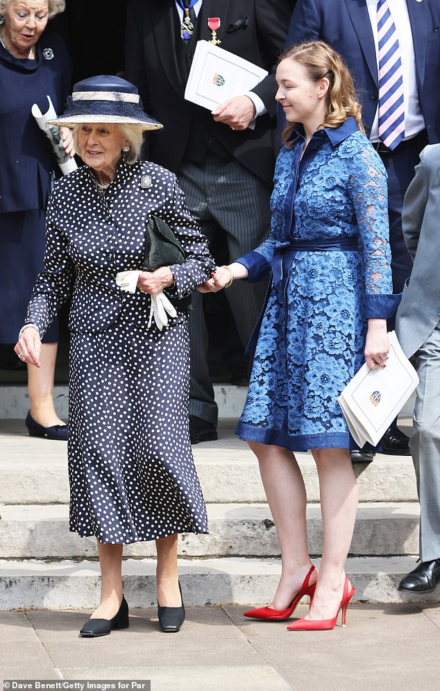 Princess Alexandra, and Zenouska Mowatt, Marina's daughter, depart Westminster Abbey following the service of celebration for The Lady Elizabeth Shakerley in June 2022