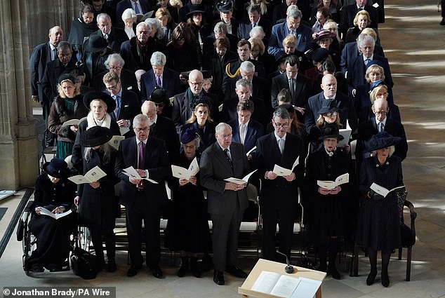 (Front row, left to right) Princess Alexandra the Honourable Lady Ogilvy, Marina Ogilvy, Prince Andrew, the Duchess of Gloucester, the Duke of Gloucester, Admiral Sir Timothy Laurence, the Princess Royal and Queen Camilla at St George's Chapel in Windsor