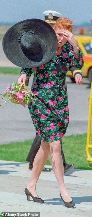 In 1989, strong winds at Heathrow Airport sent Sarah Ferguson's hat flying as she prepared to board a flight to Canada with Prince Andrew