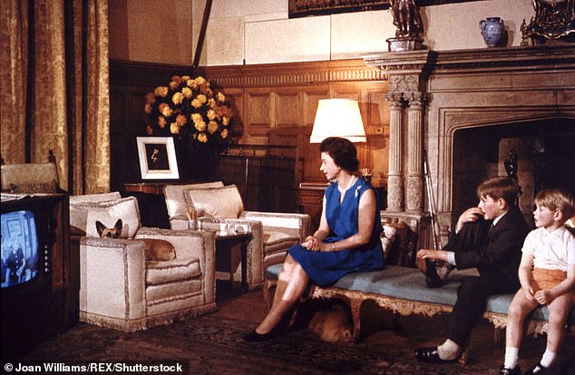 The late Queen Elizabeth watching television with Princes Edward and Andrew at Sandringham in 1969