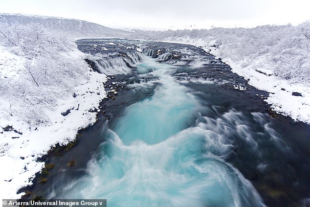 Bruarfoss waterfall in winter, Southern Region / Sudurland, Iceland