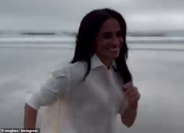 The Duchess is then seen running off camera, giggling, in footage believed to have been filmed by Prince Harry