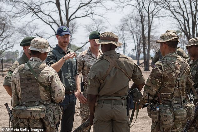 Prince Harry (pictured with armed rangers) was African Parks president for six years until moving to its governing board last year