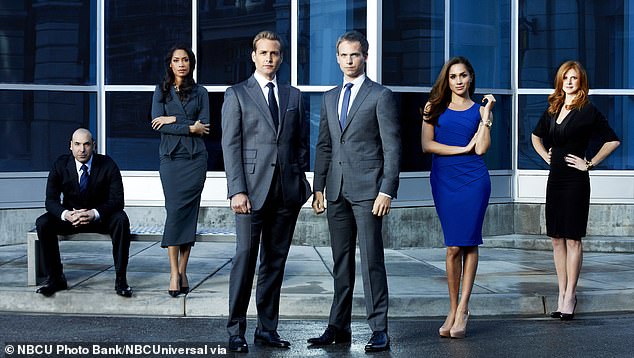 The cast of season two of Suits, Meghan is pictured second right as her character, Rachel