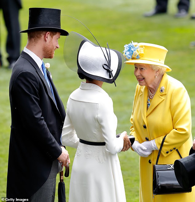 Harry and Meghan in conversation with the Queen at Royal Ascot in 2018