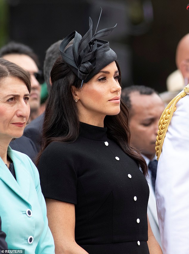 At the Anzac Memorial in Sydney, Meghan donned a Philip Treacy straw hat, adorned with a buntal ribbon