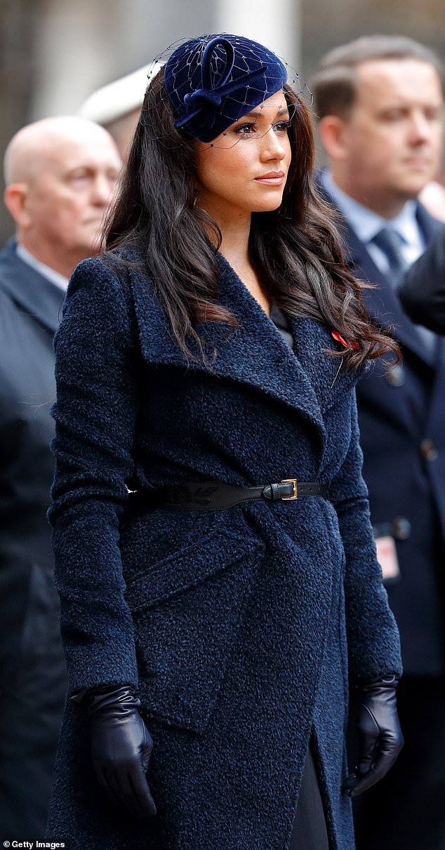 In November 2019, Meghan paired a textured Sentaler coat with a structured velvet beret from Philip Treacy