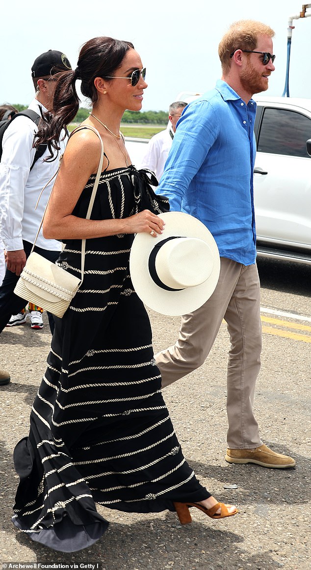 Meghan Markle has around five to ten brands in her investment portfolio, including Cesta Collective. Pictured wearing a bag from the brand during tour of Colombia in August 2024