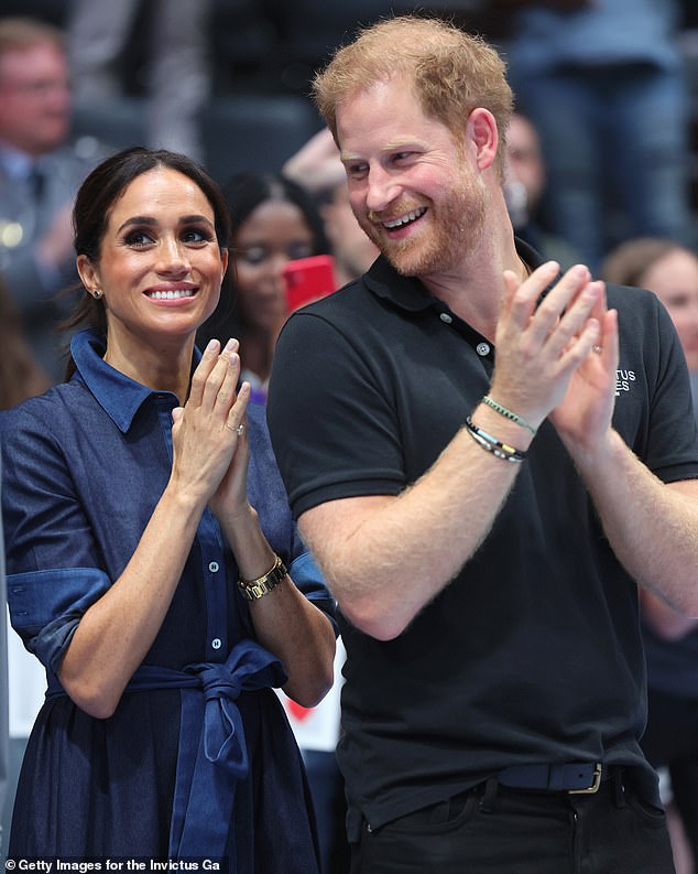 Female empowerment and entrepreneurship remains one of the causes closest to Meghan's heart, with the Duchess receiving the Ms Foundation's Women of Vision Award last year. She is photographed here with her husband Prince Harry at the 2023 Invictus Games in Dusseldorf, Germany