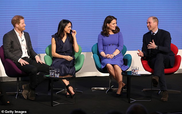 In an extract from Yes Ma¿am: The Secret Life of Royal Servants, via The Times, the author added that the Duchess' 'hugging and cheek-kissing fuelled gossip among the staff that Meghan was flirting with William'. Pictured, William, Harry, Kate and Meghan in February 2018