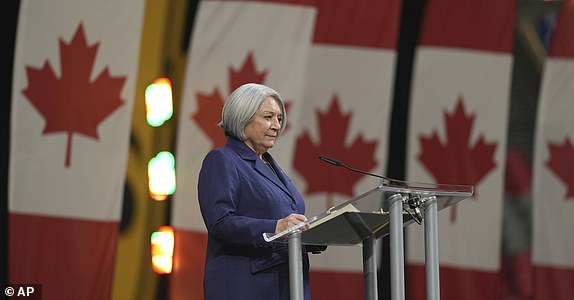 Governor General of Canada Mary Simon speaks at the Invictus Games opening ceremony in Vancouver, Canada, Saturday, Feb. 8, 2025. (Ethan Cairns/The Canadian Press via AP)