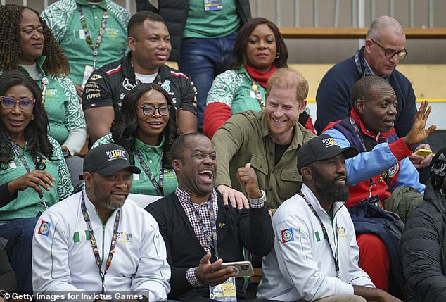 Prince Harry, The Duke of Sussex, Founder and Patron of the Invictus Games Foundation sits with Team Nigeria at Sitting Volleyball at the Invictus Games Vancouver Whistler 2025