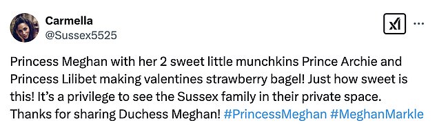 For a number of Sussex fans, seeing the video of Meghan putting together a Valentine's Day treat was extremely pleasing