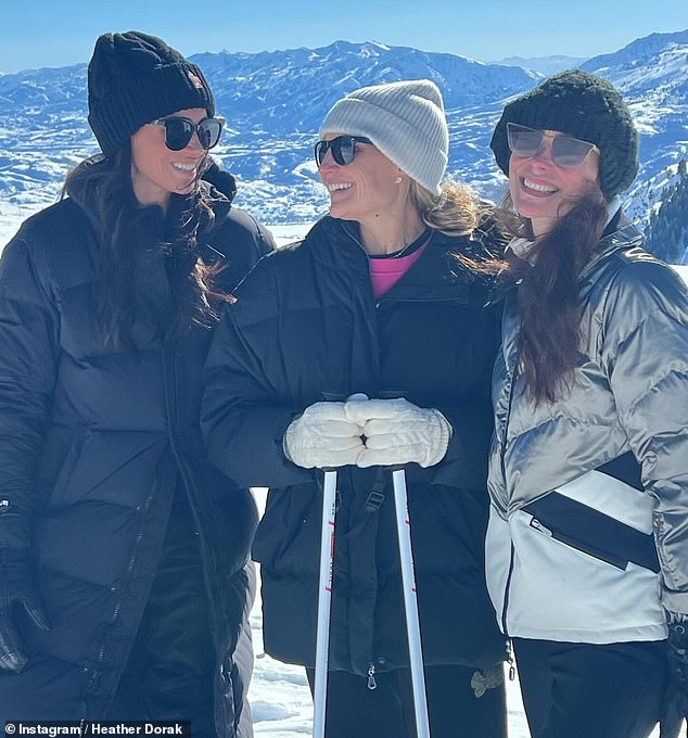 Meghan Markle (left) at Powder Mountain in Utah with Heather Dorak (centre) and best friend Kelly McKee Zajfen (right), in a photo posted on Instagram by both Dorak and Zajfen in March last year