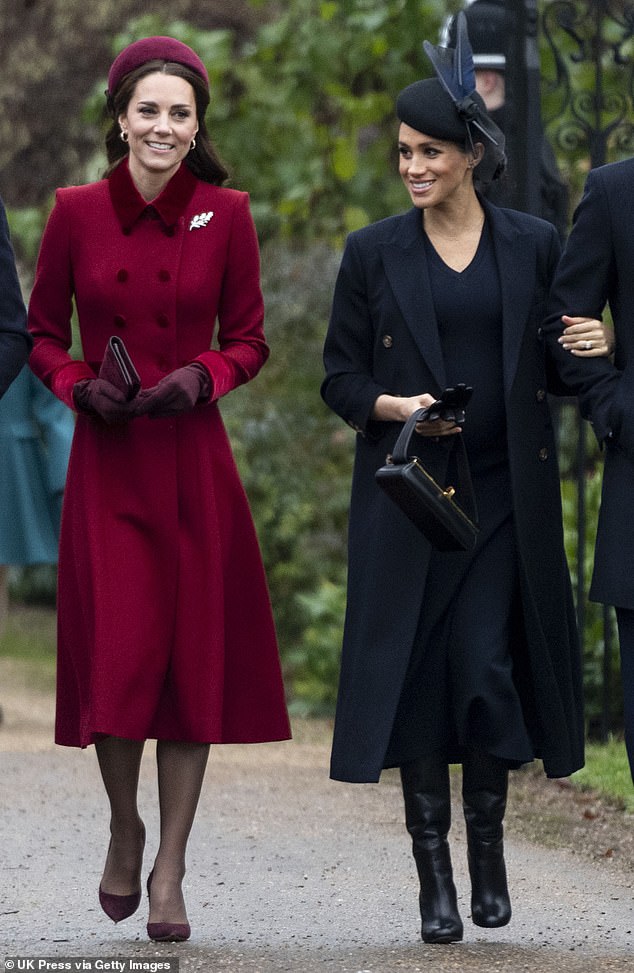 Meghan claimed not to know much about the Royal Family before she met Prince Harry, but she certainly was aware of her sister-in-law Kate (pictured together on Christmas Day 2018 at Sandringham)