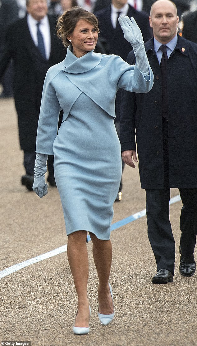 Though Melania's impersonation of Jackie Kennedy in the pale blue Ralph Lauren day dress worn for the 2017 inaugural (pictured) was remarkably precise, it pointed to a woman who lacked confidence.