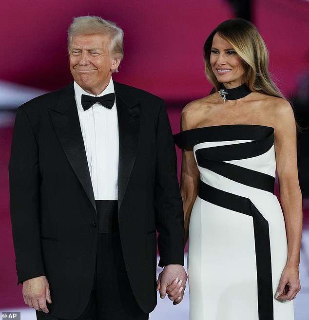 Perhaps the forty-three-year-old Duchess of Sussex would rail against any comparison between herself and the fifty-four-year old Slovenian model turned First Lady (pictured at the Liberty Ball) whose husband just days ago denounced Meghan as 'terrible.'