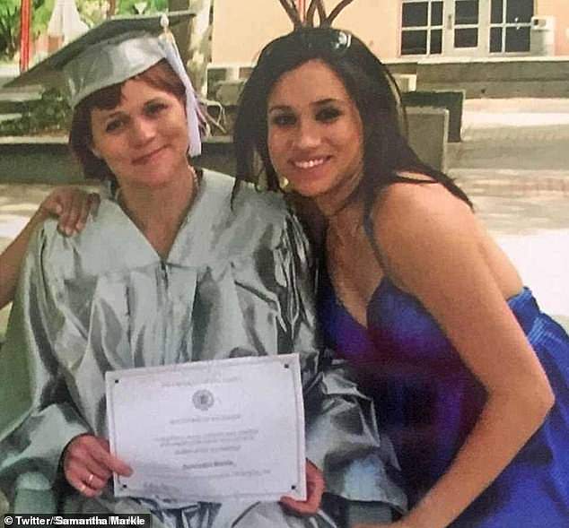 A photograph shows Meghan with Samantha at her graduation in 2008 - 13 years before the interview