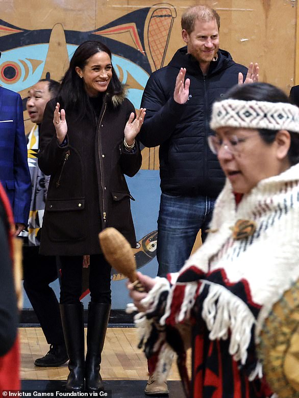 Meghan, Duchess of Sussex and Prince Harry, Duke of Sussex seen during the welcome ceremony from The Little Ones School at the Squamish Nation Chief Joe Mathias Centre on February 10