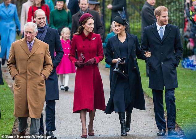 Meghan is pictured with Charles, William, Kate and Harry on Christmas Day in 2018