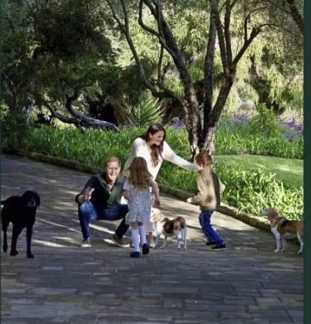 Close up of one of the photos on Prince Harry and Meghan's 2025 Christmas card showing their dogs and children, Archie and Lilibet