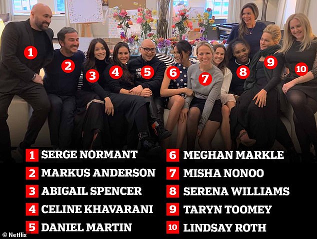 Some of the guests, left to right: Hair stylist Serge Normant, Soho House global membership director Markus Anderson; Suits star Abigail Spencer; fashion publicist Celine Khavarani; makeup artist Daniel Martin; mother-to-be Meghan Markle, designer Misha Nonoo; tennis star Serena Williams; fitness guru Taryn Toomey, and university friend Lindsay Roth.