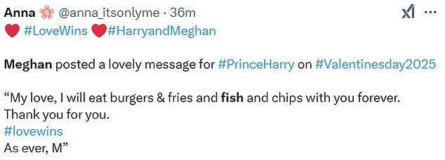 Reaction: Meghan's unique promise to always 'eat burgers and fries and fish and chips with you forever' was noted by plenty of people online