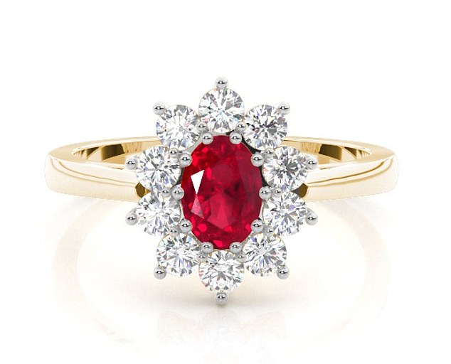 The halo ruby engagement ring from Diamonds Factory, available for £1,137, is an ideal gift for someone special this Valentine's Day