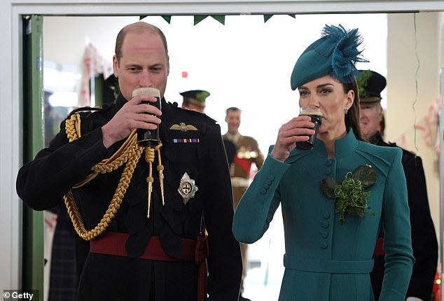 The prince and princess of Wales are also no strangers to a cocktail or two with Kate enjoying a gin and tonic of an evening (pictured drinking a pint of Guinness for St Patrick's Day, march 2023)