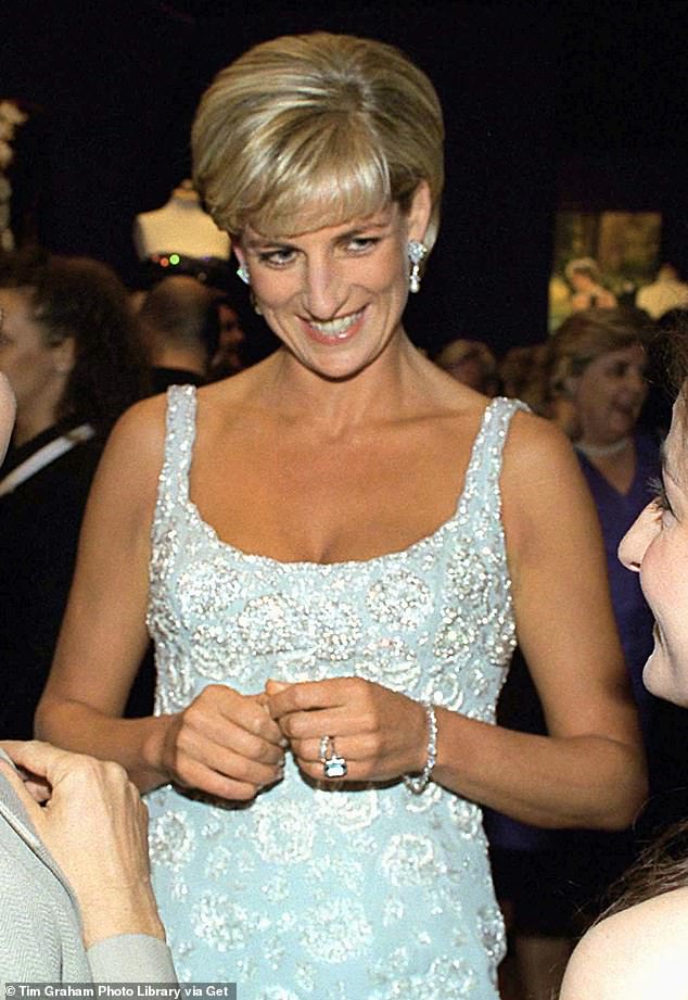 The aquamarine ring was a favourite of Diana's and often paired with elegant blue gowns, such as the Catherine Walker dress she wore to a Christie's charity auction