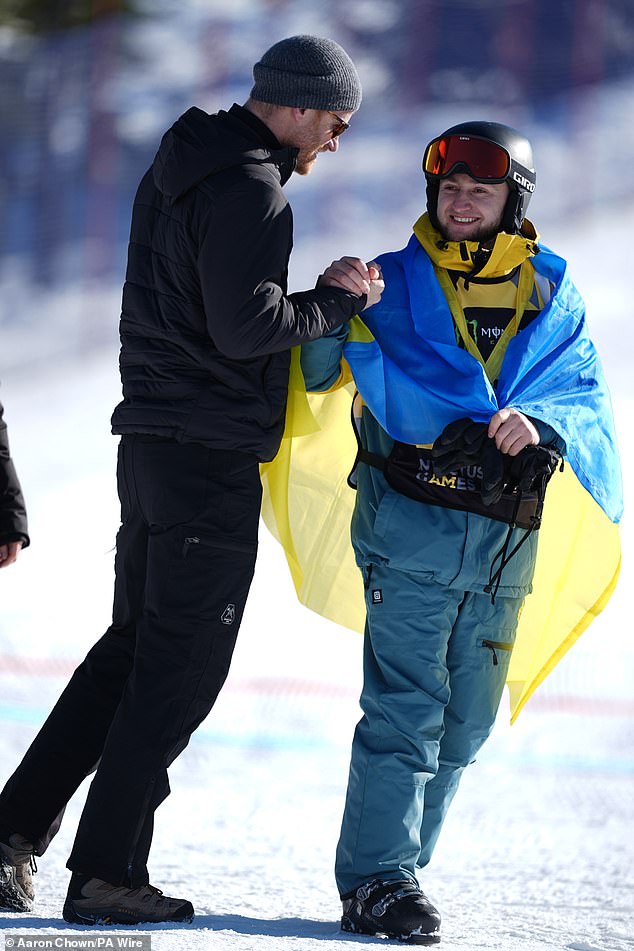 The Duke Sussex speaks with a competitor at the Alpine Skiing and Snowboarding Novice Finals