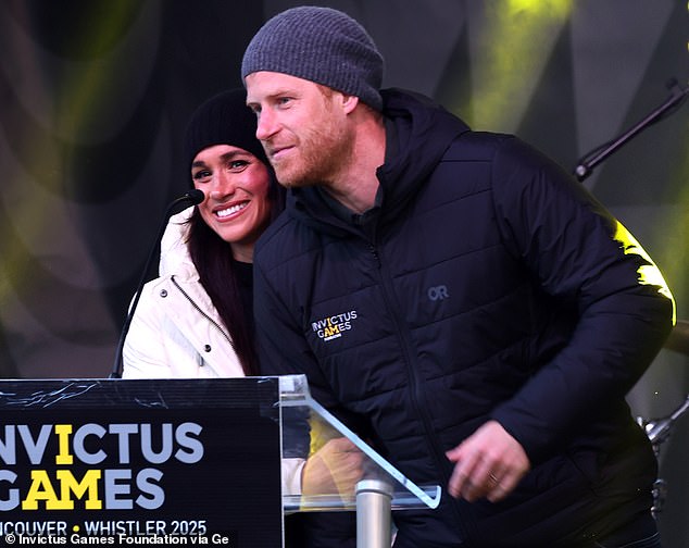 The Duke and Duchess of Sussex (pictured) travelled 75 miles from Vancouver to the snowy town of Whistler, where they greeted a crowd of 1,000 fans