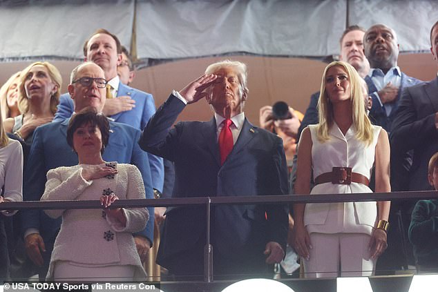 Albert looked smart in a navy suit which he paired with a purple tie and white shirt for the occasion, while Trump donned his signature red tie