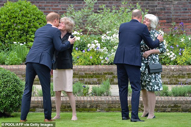 Prince William, right, and Prince Harry greet their aunts Lady Sarah McCorquodale, left, and Lady Jane Fellowes at the unveiling of a statue of their mother, Princess Diana, at The Sunken Garden in Kensington Palace in July 2021