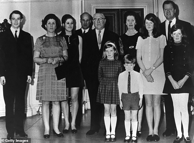 The Golden Wedding of the 7th Earl and Countess of Spencer in March 1969. From left to right: Richard Wake-Walker, Lady Anne Wake-Walker, Elizabeth Wake-Walker, Christopher Wake-Walker, Earl Spencer, Countess Spencer, Lady Sarah Spencer, Viscount Althrop, Lady Jane Spencer. Lady Diana Spencer and Charles Spencer stand in the front