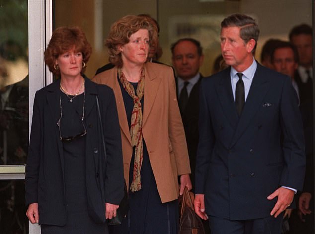 Charles, accompanied by Sarah and Jane, leaves the Salpetriere Hospital in Paris where Princess Diana died in August 1997