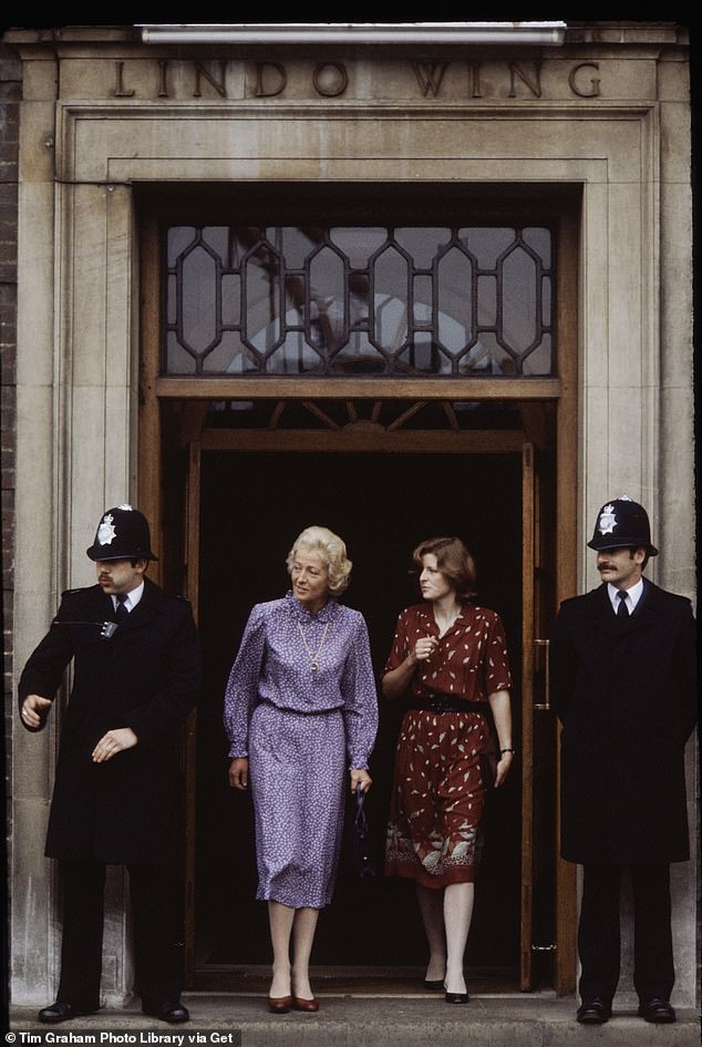 Frances Shand Kydd with her daughter, Lady Jane Fellowes, leaving the Lindo Wing of St Mary's Hospital after visiting Princess Diana and her newborn son, Prince William, in June 1982