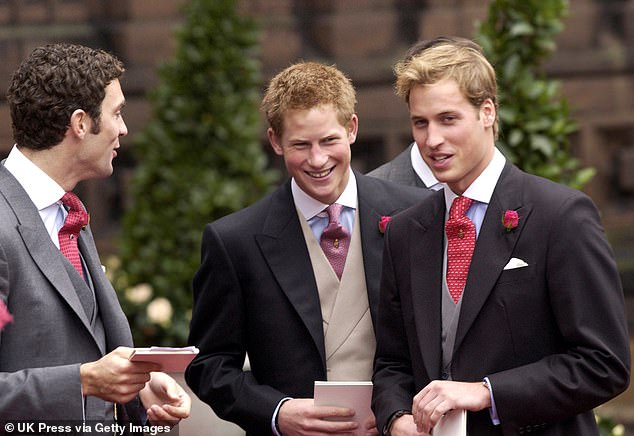 Hugh Van Cutsem (pictured, left) speaks with Prince Harry (pictured, centre) and Prince William (pictured, right) at the wedding of Lady Tamara Katherine Grosvenor and Edward Van Cutsem at Chester Cathedral in 2000)