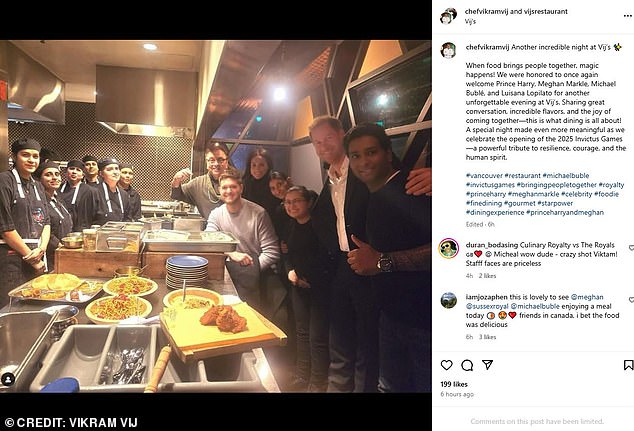 Vikram posted to Instagram (pictured) to celebrate the moment, saying: 'We were honoured to once again welcome Prince Harry, Meghan Markle, Michael Buble and Luisana Lopilato'