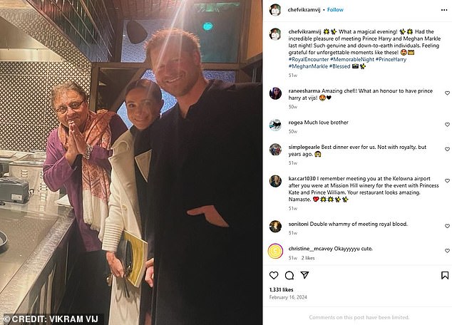 During that same visit to Vancouver, the Sussexes went to Vij's, which Vikram posted proudly about on his Instagram at the time (pictured)